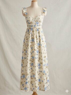 Cream Floral Maxi Dress with Blue Bouquet Print - adult size m